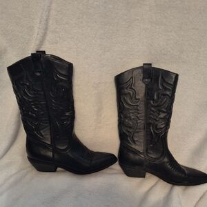 Black Western Leather Mid-Calf Cowboy Boots - Women